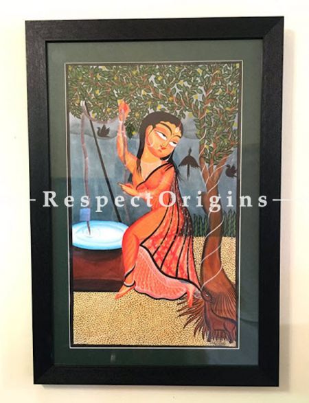 Sita in Akshaya Vatika; Traditional Kalighat Painting On Paper Using Natural Colour; Vertical Folk Art of Bengal; 15X22; RespectOrigins