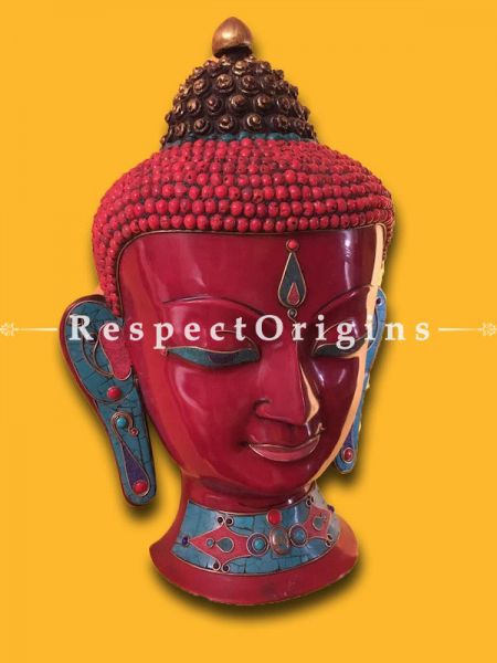 Buy Wall Mask; Wall Art; Handcrafted Calm Lord Buddha; Marble; Red Base and multi color engraved stones Size 12x7x19 in At RespectOrigins.com
