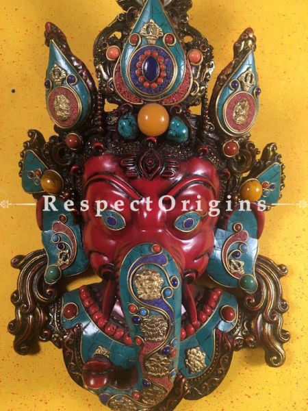 Buy Wall Mask; Wall Art; Handcrafted Graceful Lord Ganesha; Marble; Red Base and multi color engraved stones Size 10x5x16 in At RespectOrigins.com