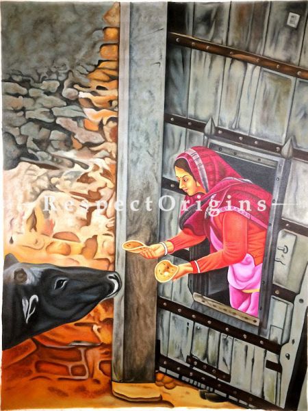 Buy Authentic Acrylic Painting On Canvas; Women and Cow 36 x 48 inches|RespectOrigins