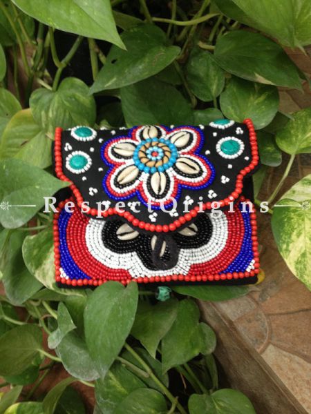 Buy Ladakhi Beaded Clutch; Red,Black,White and Blue with White shells ; Handmade Ethnic Clutch for Women and Girls at Respectorigins.com