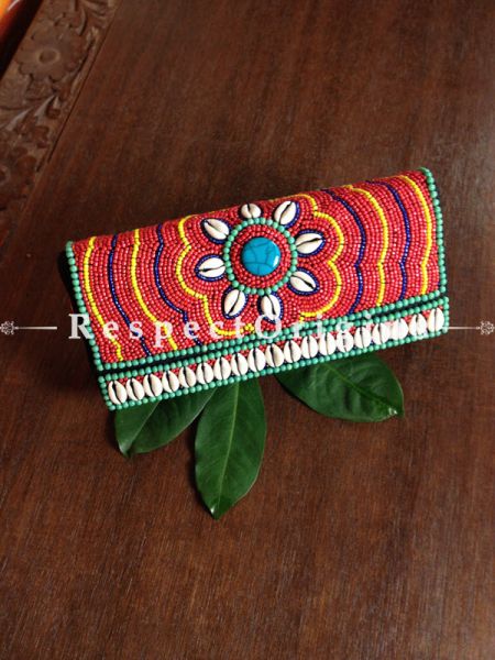 Buy Beaded Ladakhi Clutch;Red,Green,Yellow and Blue with white Shells ; Handmade Ethnic bag or Clutch for Women and Girls at Respectorigins.com