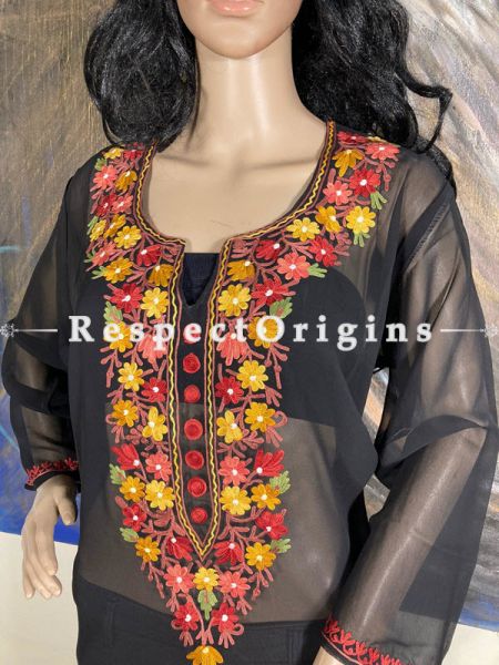 Luxurious Soft Chiffon Black Kashmiri Kurta Top with Aari Work Embroidery; RespectOrigins.com