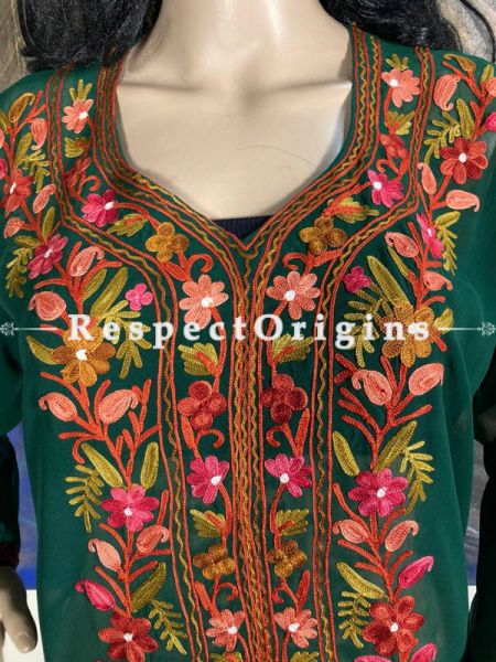 Luxurious Soft Chiffon Emerald Green Kashmiri Kurta Top with Aari Work Embroidery; RespectOrigins.com