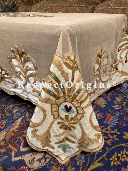Magnificent Net Beige Color Aari Work Embroidered Table Cover; 90 X 40 Inches; RespectOrigins.com