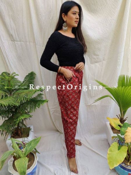 Red Pure Cotton Ajarkh Printed Elasticated Waist Harem Pants or Palazzo with 2 pockets ; 38 Size; RespectOrigins.com