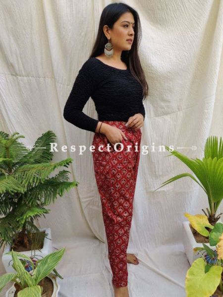 Red Pure Cotton Ajarkh Printed Elasticated Waist Harem Pants or Palazzo with 2 pockets ; 38 Size; RespectOrigins.com