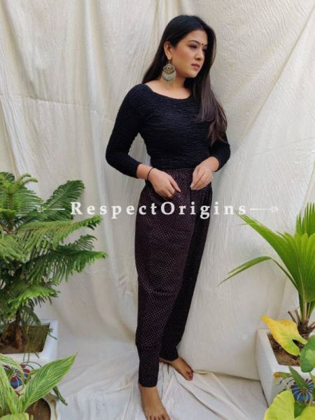 Purple Pure Cotton Ajarkh Printed Elasticated Waist Harem Pants or Palazzo with 2 pockets ; 38 Size; RespectOrigins.com