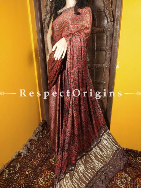 Red Ajrakh Modal Silk Saree with Pattu Gold Zari Pallu Red; Blouse Included; RespectOrigins.com