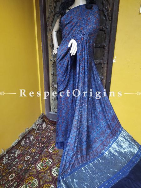Blue Ajrakh Modal Silk Saree with Pattu Zari Pallu Blue; Blouse Included; RespectOrigins.com