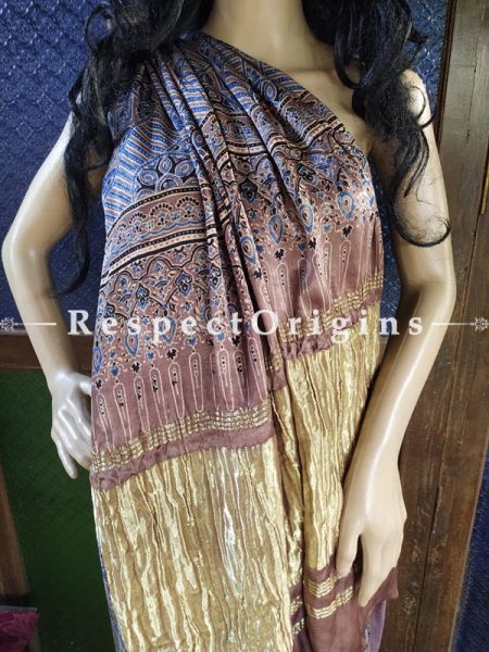 Blue and Brown Ajrakh Modal Silk Saree with Pattu Zari Pallu; Blouse Included; RespectOrigins.com