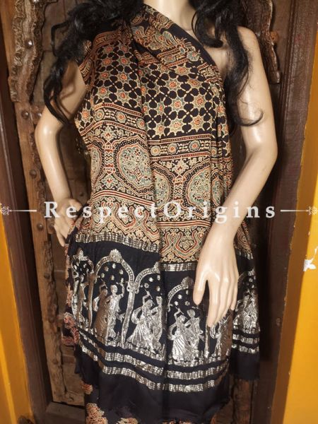 Ajrakh Modal Silk Saree with Pattu Zari Pallu Black; Blouse Included; RespectOrigins.com