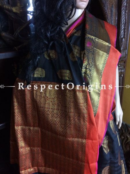 Black-Orange Handwoven Banarasi Cotton Silk Saree; Zari Border & Butis; RespectOrigins.com