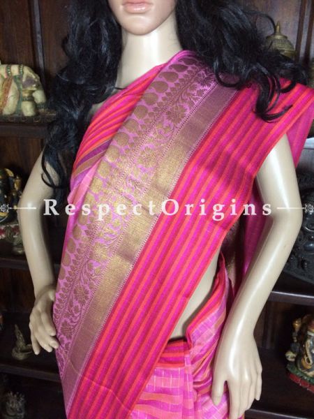 Handwoven Pink Banarasi Cotton Silk Saree; Zari Border & Butis; RespectOrigins.com