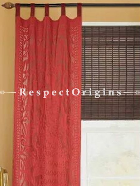 Buy Lady With Floral Design Applique Cut Work Cotton Window or Door Curtain in Red Color; Pair; Handcrafted At RespectOrigins.com