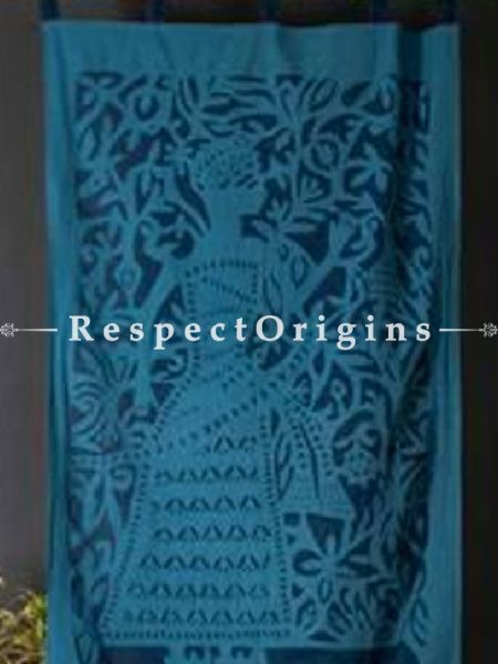 Buy Striking Lady With Floral Design Applique Cut Work Cotton Window or Door Curtain in Blue; Pair; Handcrafted At RespectOrigins.com