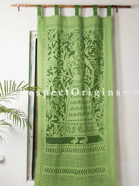 Buy Beautiful Lady With Floral Design Applique Cut Work Cotton Window or Door Curtain; Green; Pair; Handcrafted At RespectOrigins.com