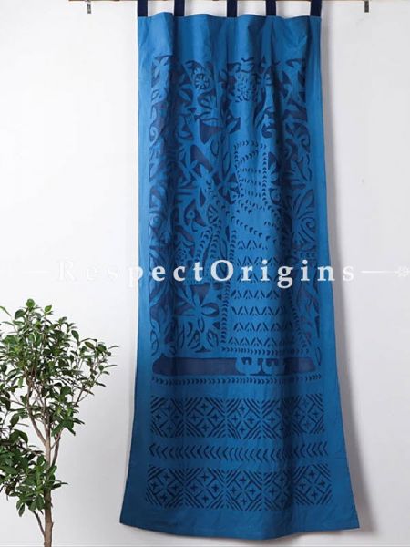 Buy Stunning Lady With Floral Design Applique Cut Work Cotton Window or Door Curtain in Blue; Pair; Handcrafted At RespectOrigins.com