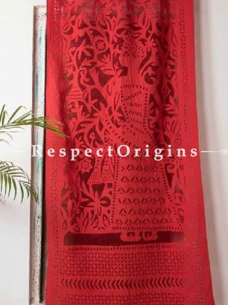 Buy Remarkable Lady With Floral Design Applique Cut Work Cotton Window or Door Curtain in Red; Pair; Handcrafted At RespectOrigins.com