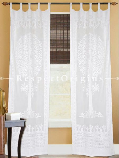 Buy Amazing White Tree Floral Design Applique Cut Work Cotton Window or Door Curtain; Pair; Handcrafted At RespectOrigins.com