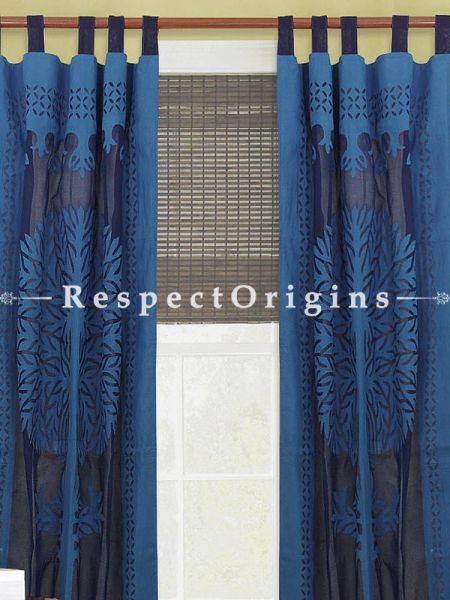 Buy Tree Design Blue Applique Cut Work Cotton Window or Door Curtain; Pair; Handcrafted At RespectOrigins.com