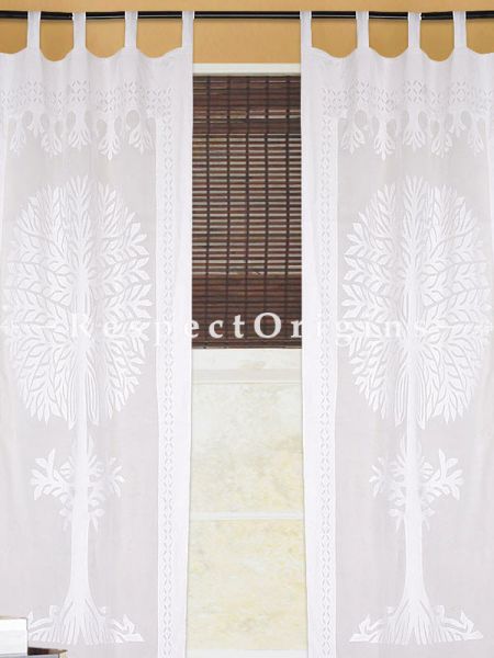 Buy White Tree Floral Design Applique Cut Work Cotton Window or Door Curtain; Pair; Handcrafted At RespectOrigins.com