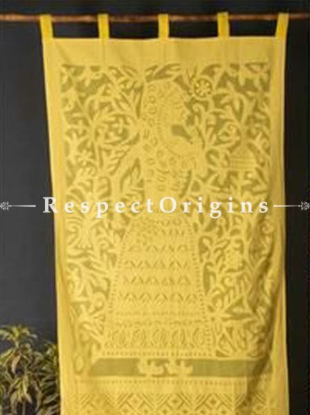 Buy Lady With Floral Design Applique Cut Work Cotton Window or Door Curtain in Yellow; Pair; Handcrafted At RespectOrigins.com