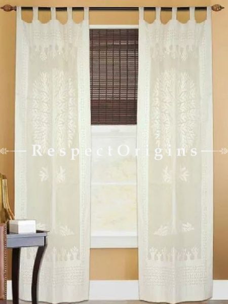 Buy Beige Tree Floral Design Applique Cut Work Cotton Window or Door Curtain; Pair; Handcrafted At RespectOrigins.com