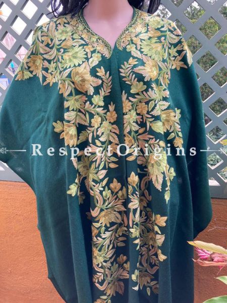 Fabulous Ariwork Embroidered Green Cape Shawl on Semi- Pashmina Wool; Free Size; RespectOrigins.com
