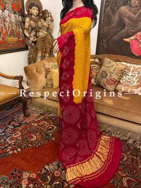 Yellow with Deep Red Bandhej  Georgette Designer Formal Ready-to-Wear Saree; RespectOrigins.com