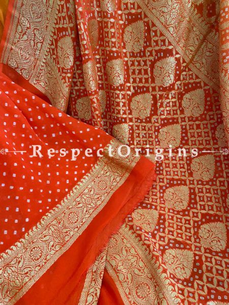 Lovely Orange with Gold Handloom Bandhej Georgette Saree with Running Blouse; RespectOrigins.com