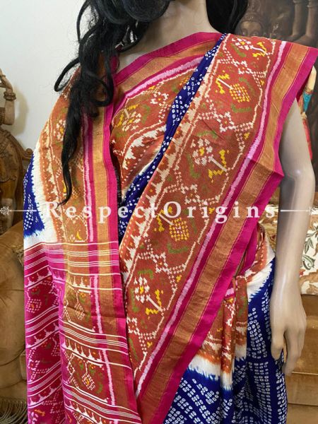 Magnificent Blue with Pink Border Handloom Bandhej Tye and Dye Georgette Saree with Running Blouse; RespectOrigins.com