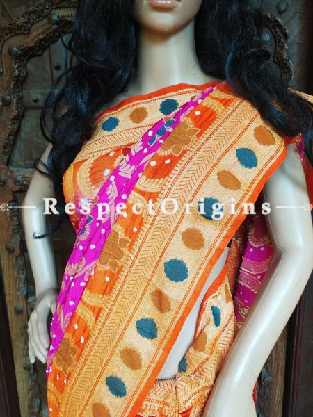 Magnificent Orange and Pink Handloom Bandhej Gaji Silk Saree with Running Blouse; RespectOrigins.com