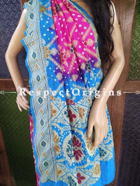  Magnificent Pink and Blue Handloom Bandhej Gaji Silk Saree with Running Blouse; RespectOrigins.com