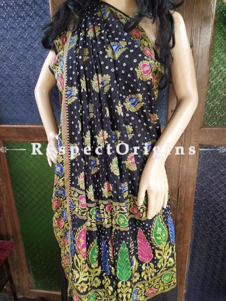  Magnificent Black Handloom Bandhej Gaji Silk Saree with Running Blouse; RespectOrigins.com