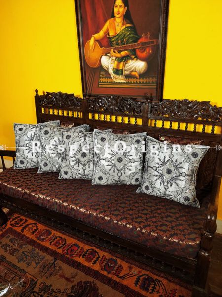 Set of 5 Cushion Covers with Hand Knitted Beadwork on Satin Silk; Gray Coloured; RespectOrigins.com