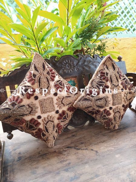 Set of 2 Cushion Covers with Beadwork on Satin Silk in Beige  ; RespectOrigins.com