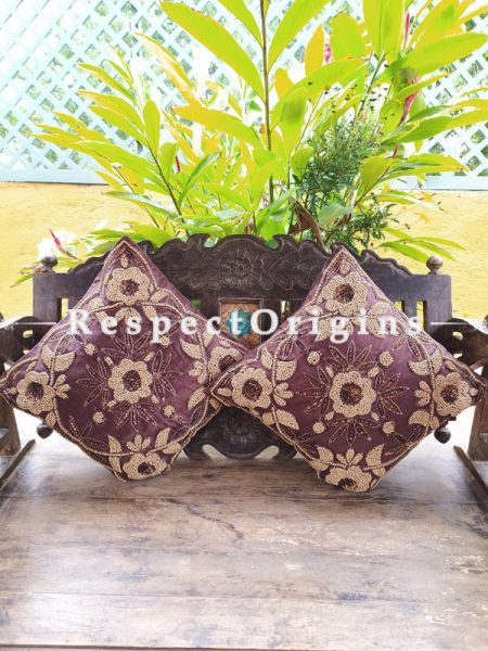 Set of 2 Cushion Covers with Beadwork on Satin Silk; Brown Coloured; RespectOrigins.com