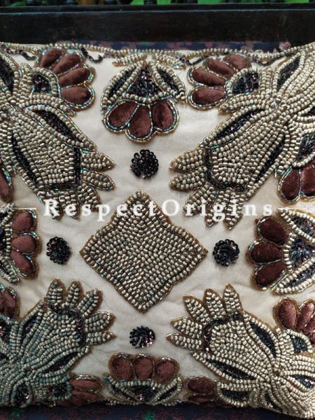 Cushion Covers with floral pattern Beadwork on Satin Silk; Beige Coloured 16 Inches.; RespectOrigins.com