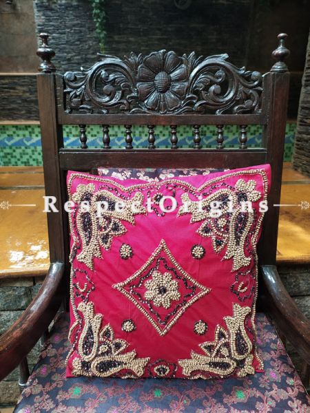 Set of 5 Cushion Covers & Embellished Red Beadwork on Satin Silk; 16 Inches; RespectOrigins.com