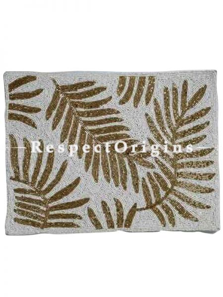 Hand Knitted Golden Leaf Beadwork on White Table mats 16x16 in; Set of 4; RespectOrigins.com