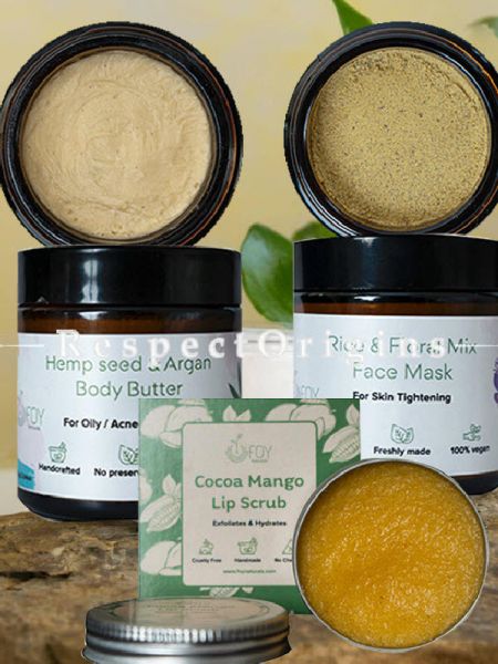 Combo Gift Pack of  Hemp Seed & Argan Body Butter,Rice & Floral Mix Face Mask & Coco Mango Lip Scrub; RespectOrigins.com