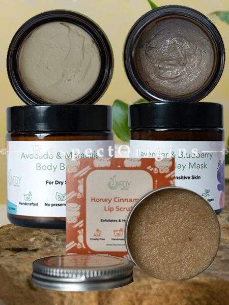 Combo Gift Pack of  Avocado & Maracuja Body Butter, \Lavender & Blueberry De-Tan Clay Mask & Honey Cinnamon Lip Scrub; RespectOrigins.com
