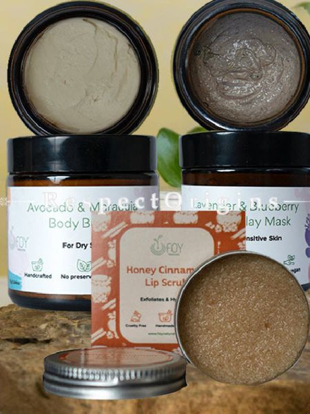 Combo Gift Pack of  Avocado & Maracuja Body Butter, \Lavender & Blueberry De-Tan Clay Mask & Honey Cinnamon Lip Scrub; RespectOrigins.com