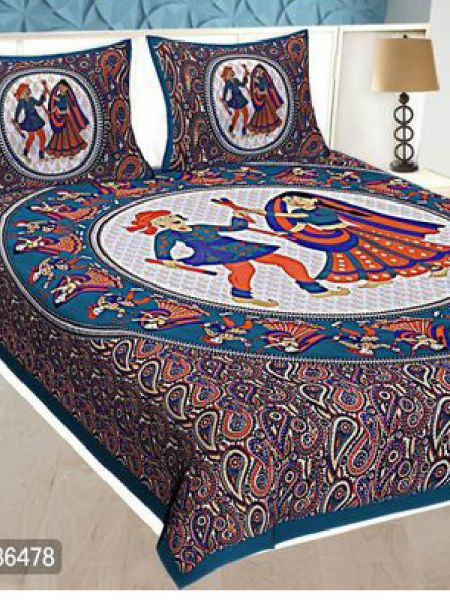 Rajasthani Printed Folk-Art Double Bedspread with Pillow Cases Pair. 108 x 90 Inches. RespectOrigins.Com.
