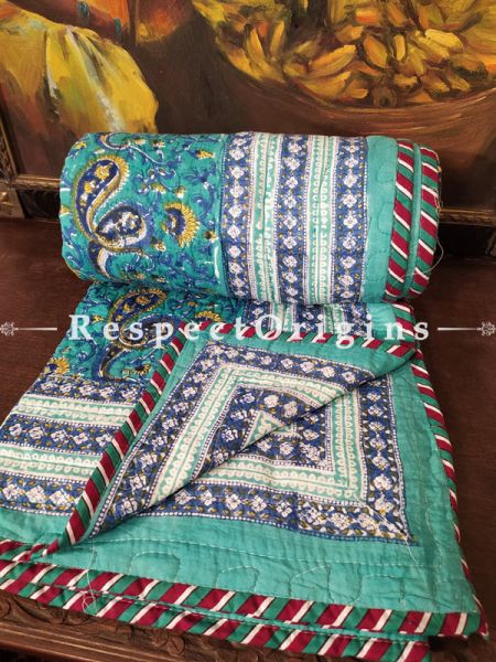 Quilted Block Printed High Quality Double Bedspread In Sea Green & Mustard With 2 Shams; Bedspread 90 X 60 Inches,Pillow Shams 29 X 19 Inches; RespectOrigins.com