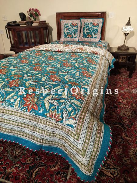 Quilted Block Printed High Quality Double Bedspread In Blue with Floral Motifs With 2 Shams; Bedspread 90 X 60 Inches , Pillow Shams 29 X 19 Inches ue; RespectOrigins.com