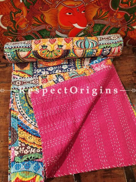 Colorful Gudri Hand Embroidered Kantha Stitch Quilted Pure Cotton Double Bedcover 109 x 85 Inches