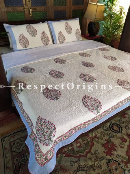 Cream, Red n Blue Quilted Block Printed High Quality Double Bedspread with Tree Motifs; 2 Shams; Spread 110 X 90 In, Pillow Shams 29 X 19 In; RespectOrigins.com