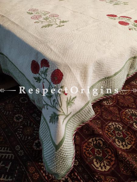 Quilted Block Printed High Quality Double Bedspread in White and Red with 2 Shams; Bedspread 115 x 90 Inches , Pillow Shams 29 x 19 Inches; RespectOrigins.com